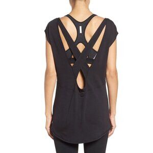 New NWT Zella Strappy Open Back Workout Tee Tunic Top XS Black
